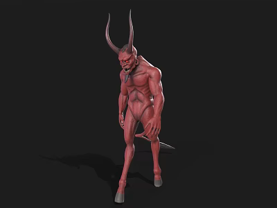 Game And Movie Character Red Demon With Large Horns Muscular Body And Tail 3d model