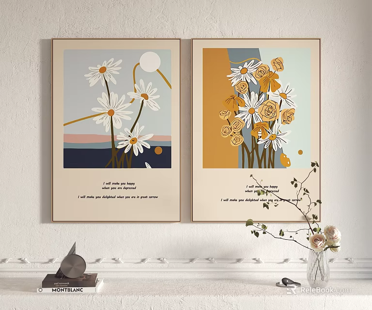 Botanical Plant Paintings with White Yellow Daisies Pastel Backgrounds and Inspirational Quotes 3d model 