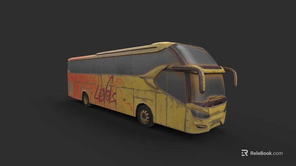 Old Yellow Red Graffiti Leeds Bus with Rusty Exterior and Dark Windows Vintage Intercity Coach 3d model 