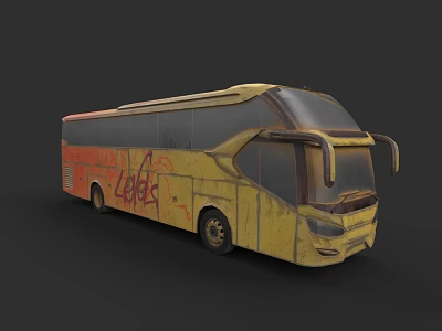 Old Yellow Red Graffiti Leeds Bus with Rusty Exterior and Dark Windows Vintage Intercity Coach 3d model