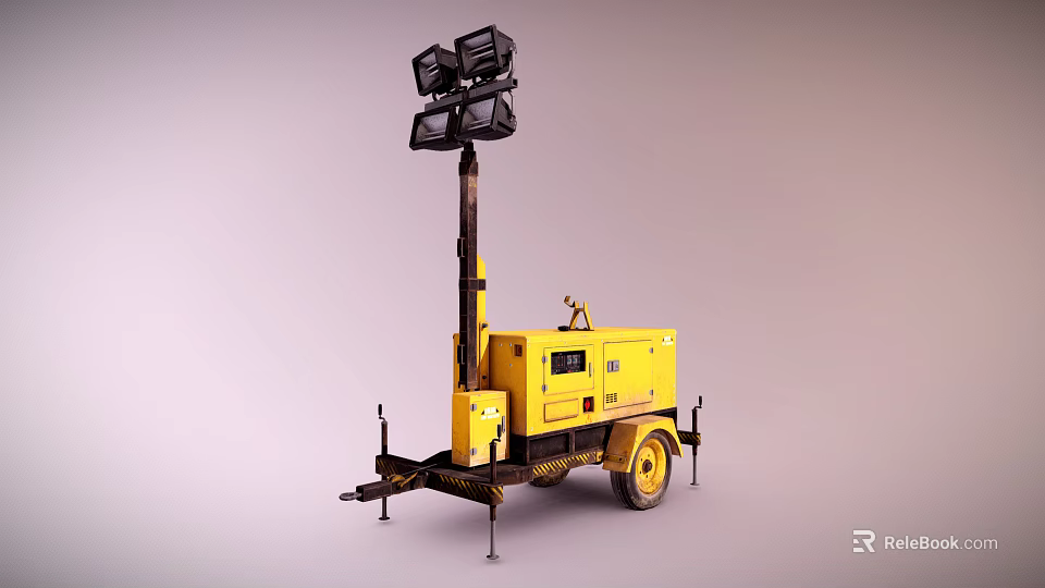 Yellow Mobile Lighting Tower With Generator And Trailer Mounted Four Light Heads 3d model 