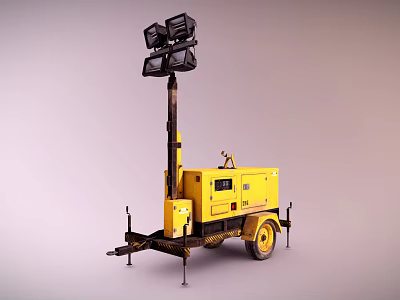 Yellow Mobile Lighting Tower With Generator And Trailer Mounted Four Light Heads 3d model