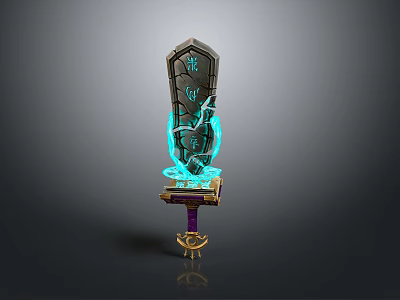 Magical Ancient Glowing Sword With Blue Runes And Gold Purple Pedestal 3d model