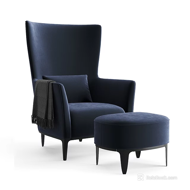 Navy Blue Single Sofa with Ottoman Pillow and Throw Blanket Design 3d model