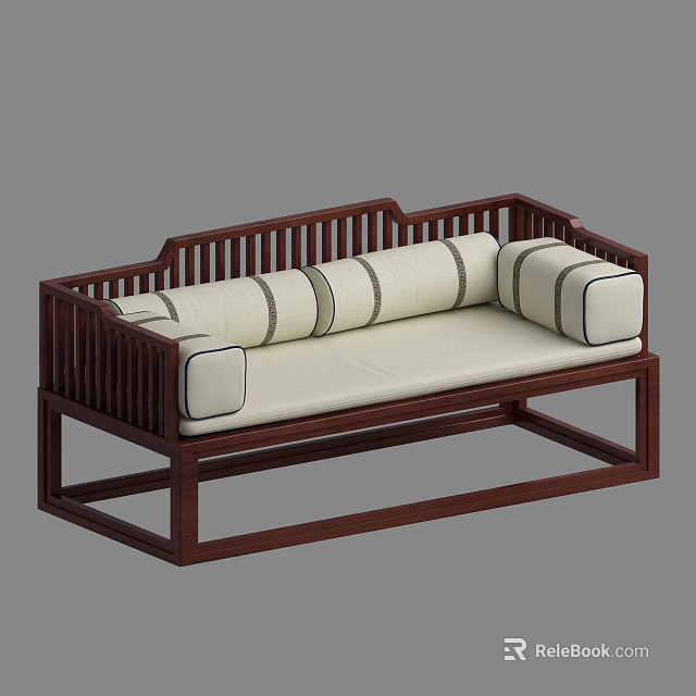 Modern multi seat sofa featuring wooden frame and beige striped cushions 3d model 