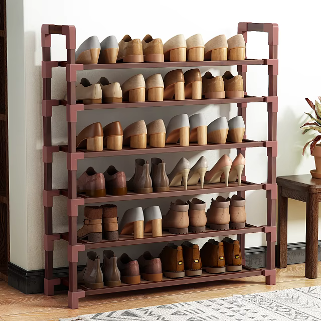 Multi Tiered Wooden Shoe Rack Organizing Various Shoes In Home Entryway 3d model 