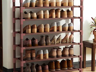 Multi Tiered Wooden Shoe Rack Organizing Various Shoes In Home Entryway 3d model
