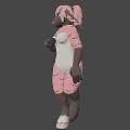 3D Game Movie Character with Pink Hair Dark Skin Rabbit Ears in Pink White Outfit