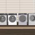 Four Modern Washing Machines Placed By Window With Wooden Countertop And Soft Lighting
