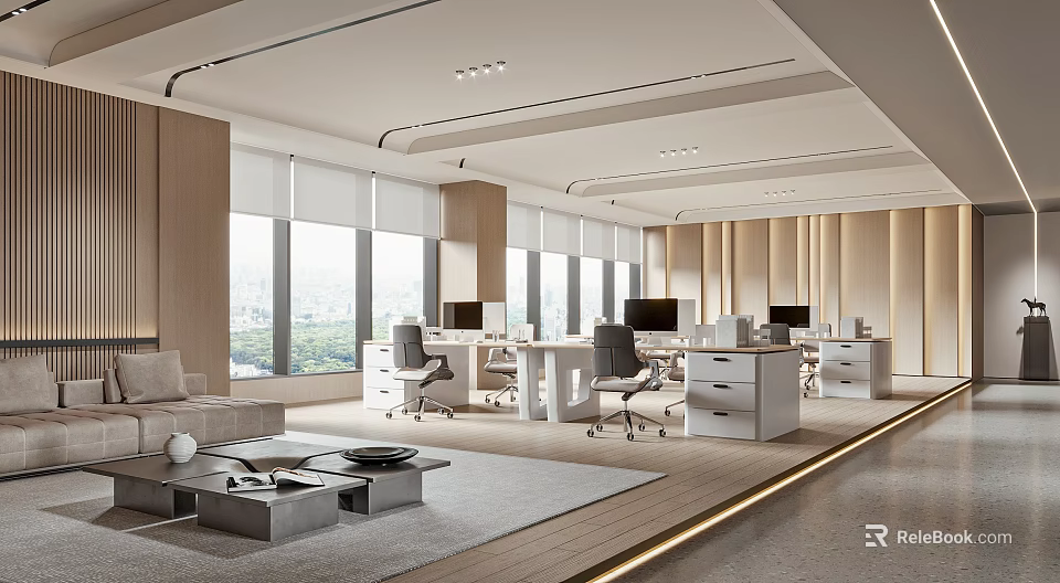 Modern Public Office Space Interior With Desks Computers Large Windows Sofa And Rug 3d model 