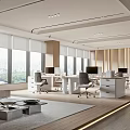 Modern Public Office Space Interior With Desks Computers Large Windows Sofa And Rug 3d model