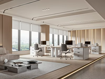 Modern Public Office Space Interior With Desks Computers Large Windows Sofa And Rug 3d model