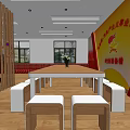 Modern Office Interior Design With Wooden Partition Long Table White Stools And Potted Plants