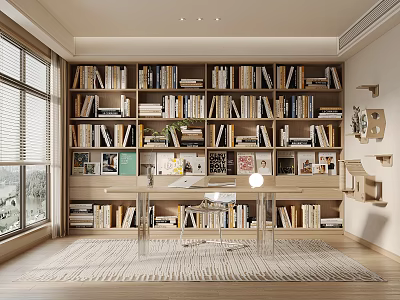 Modern Study Room Interior With Bookshelves Filled With Books And Wooden Desk Near Window 3d model