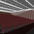 Spacious Stepped Conference Room With Red Seats Ceiling Light Strips And Brown Wooden Walls