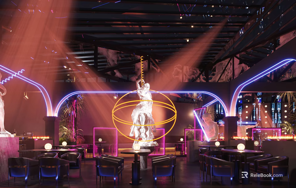 Modern Bar Interior with Neon Lights Sculpture Colorful Lighting and Seating Area 3d model 