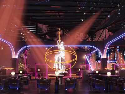 Modern Bar Interior with Neon Lights Sculpture Colorful Lighting and Seating Area 3d model