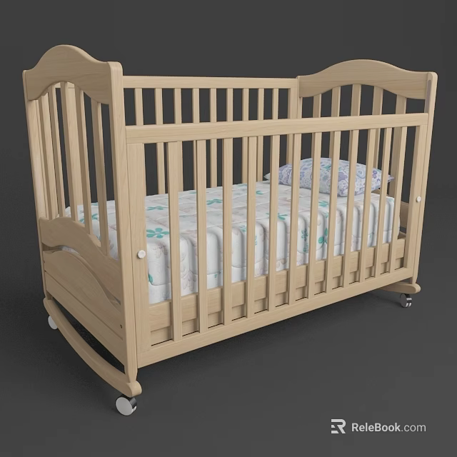 Wooden Baby Crib With Light Wood Railing Floral Pattern Mattress And Wheels 3d model 
