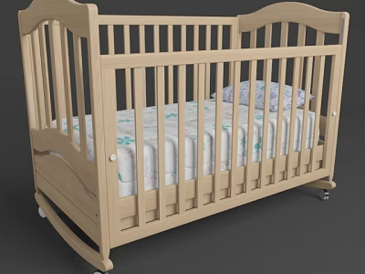 Wooden Baby Crib With Light Wood Railing Floral Pattern Mattress And Wheels 3d model