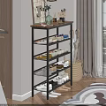 Modern Multi Tier Shoe Rack With Metal Frame Wooden Top And Decorative Items On Storage Shelves