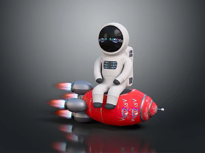 Smart Machine Astronaut Figure Sitting On Red Army Rocket With Jet Flames 3d model