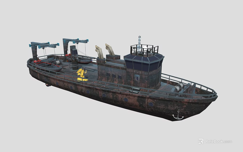 Rusty Industrial Ship With Deck Equipment And Anchor 3d model 