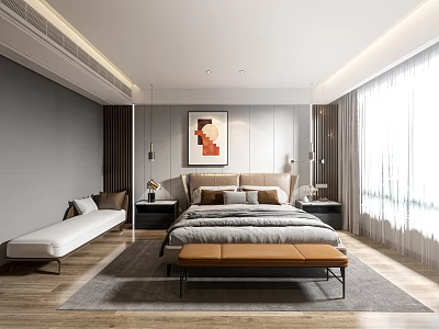 Modern Bedroom Interior With King Bed Nightstands Wall Art And Area Rug 3d model