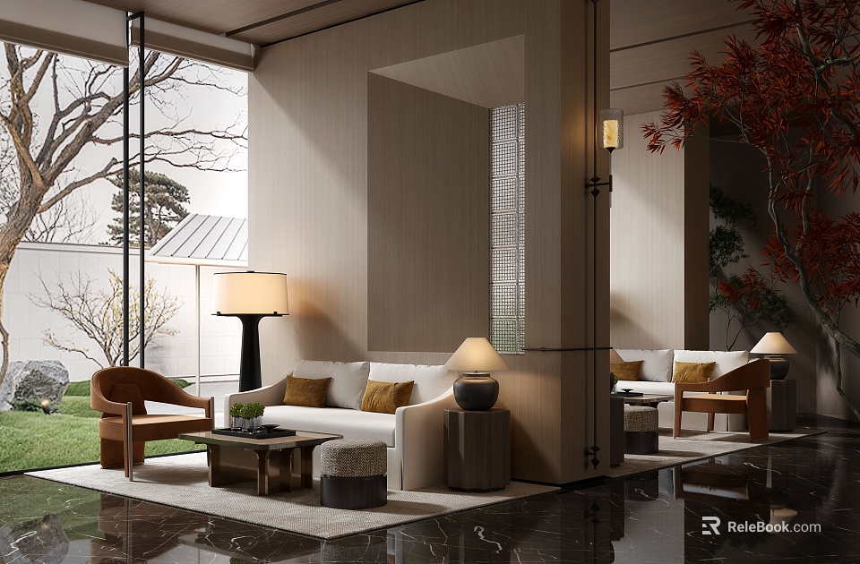 Elegant Modern Hotel Public Lounge With Sofa Coffee Table Floor Lamp And Large Windows 3d model 
