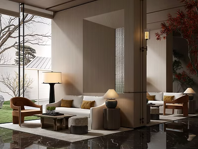 Elegant Modern Hotel Public Lounge With Sofa Coffee Table Floor Lamp And Large Windows 3d model