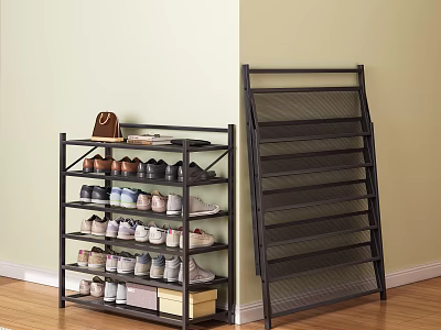 Black Mesh Multi Tiered Foldable Shoe Rack with Various Shoes Bag and Storage Boxes 3d model