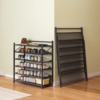 Black Mesh Multi Tiered Foldable Shoe Rack with Various Shoes Bag and Storage Boxes 3d model