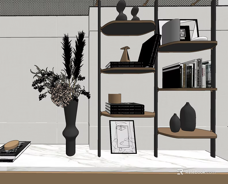 Modern Bookshelf with Multiple Shelves Laptop Books Decorative Vases Photo Frame and Plants 3d model 