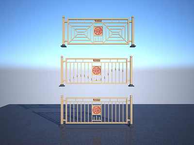 Three Golden Traditional Chinese Decorative Fences with Red Fortune Symbols and Intricate Designs 3d model