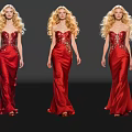 Three Women In Red Sequin Evening Dresses With Long Blonde Hair On Black Background