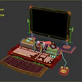 Vintage Wooden Framed Monitor Workstation With Red Typewriter Keyboard Gold Accents And Cartoon Mouse