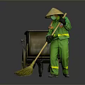 A Man Wearing Green Work Uniform And Conical Hat Sweeping With Broom And Handcart