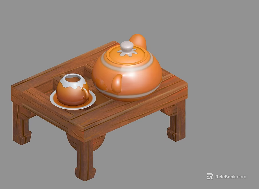 Wooden Tea Table With Orange Teapot And Cup On Tray Top 3d model 