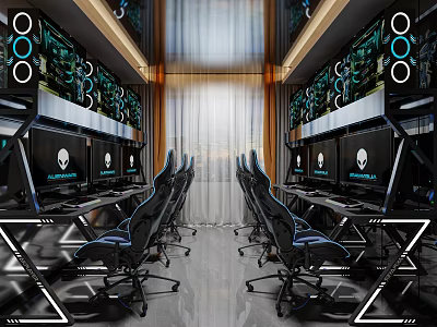Modern Internet Cafe Interior With Rows Of Computers And Gaming Chairs 3d model