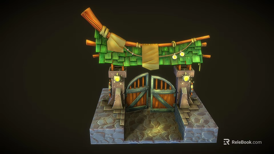 Cartoon Scene of Enchanted Entrance With Green Tiled Roof Wooden Arch Lanterns And Stone Base 3d model 