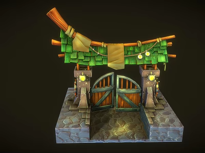 Cartoon Scene of Enchanted Entrance With Green Tiled Roof Wooden Arch Lanterns And Stone Base 3d model