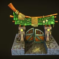 Cartoon Scene of Enchanted Entrance With Green Tiled Roof Wooden Arch Lanterns And Stone Base