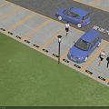 Blue Renault Car Parked in Parking Space With Yellow Lines and People Walking Nearby