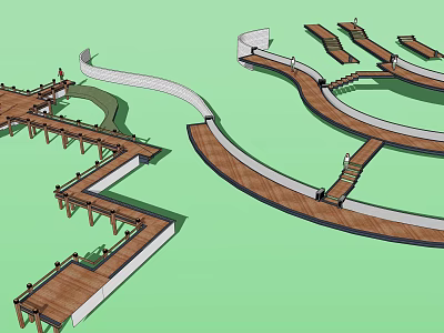 Modern Wooden Road Facilities with Curved Pathways Steps and Platforms in Landscape Walkway Design 3d model
