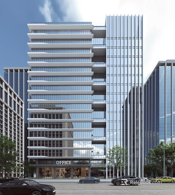 Modern Glass Office Building With Curved Facade Surrounded By Urban Skyscrapers And Greenery 3d model 