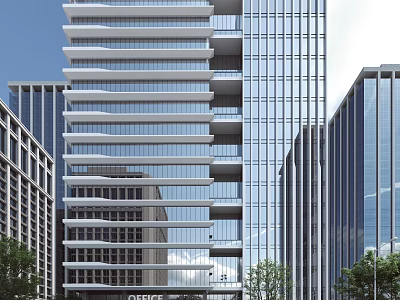 Modern Glass Office Building With Curved Facade Surrounded By Urban Skyscrapers And Greenery 3d model