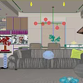 Modern Living and Dining Area With White Sofa Green Armchair Rug And Pendant Lights