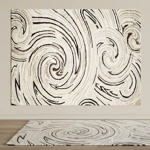 Square Area Rug With Abstract Swirling Patterns In Beige And Brown 3d model 