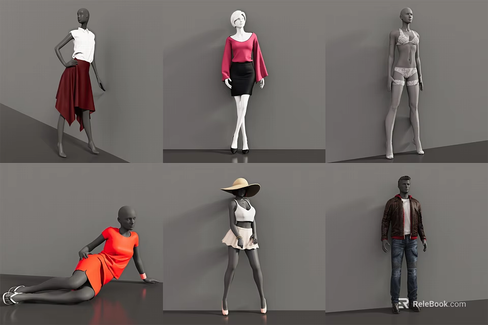 Mannequins Posing In Different Positions Wearing Various Fashion Outfits For Retail 3d model 