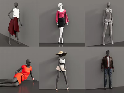 Mannequins Posing In Different Positions Wearing Various Fashion Outfits For Retail 3d model