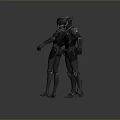 Futuristic Humanoid Beings in Dark Metallic Suits Standing with Glowing Details on Gray Reflective Surface